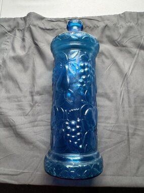 Vintage MCM Empoli Glass Cylinder Fruit and Grape Decanter Bottle 15” Blue
